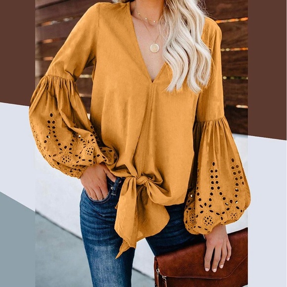 LAST ONE!/PAIGE/ 5⭐️ Mustard Boho Tie Front Top - Picture 2 of 5